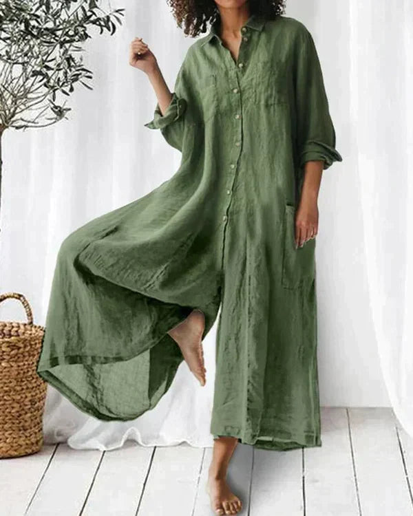 Linnen jumpsuit - Lange mouwen - Los model - Jumpsuit met wijde pijpen - Dameskleding-Hallo Susanne