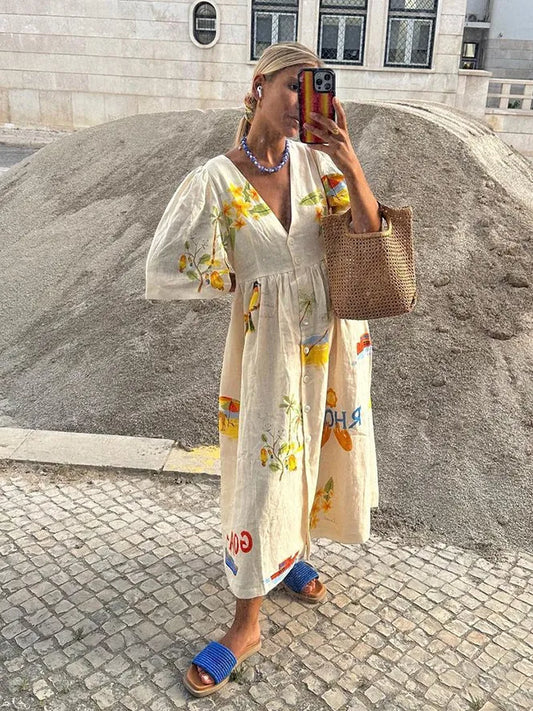 Linnen jurk | Button-Up | V-hals | Midi jurk | Zomerjurk-Hallo Susanne