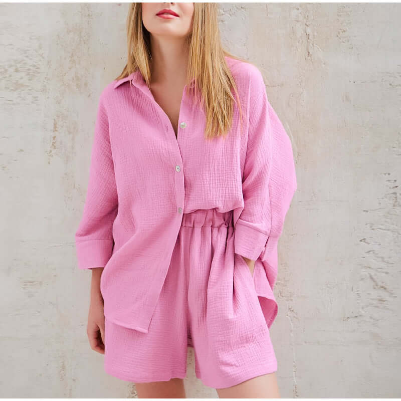 Linnen tweedelige set | Button-Up | Zomer | Korte broek en overhemd | Linnen Co-Ord Set Vrouwen-Hallo Susanne