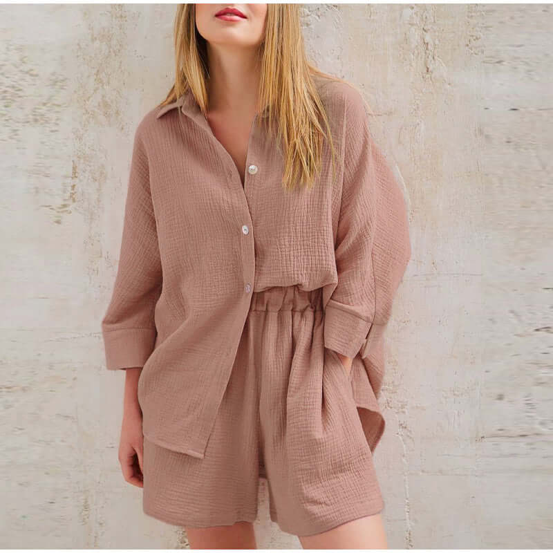 Linnen tweedelige set | Button-Up | Zomer | Korte broek en overhemd | Linnen Co-Ord Set Vrouwen-Hallo Susanne