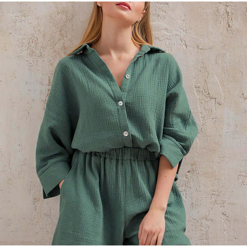 Linnen tweedelige set | Button-Up | Zomer | Korte broek en overhemd | Linnen Co-Ord Set Vrouwen-Hallo Susanne