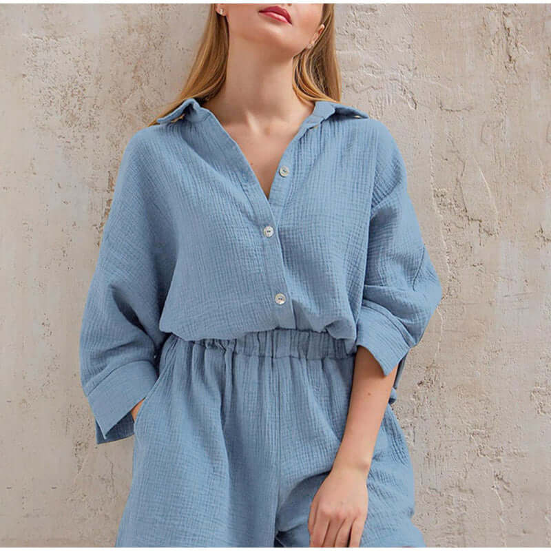 Linnen tweedelige set | Button-Up | Zomer | Korte broek en overhemd | Linnen Co-Ord Set Vrouwen-Hallo Susanne