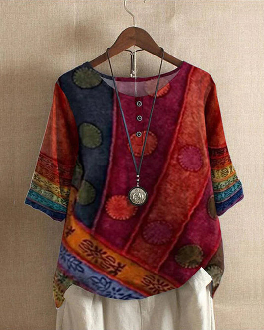 Losvallende Blouse - Korte Mouw - Bedrukt - Vintage Blouse - Damesblouses-Hallo Susanne