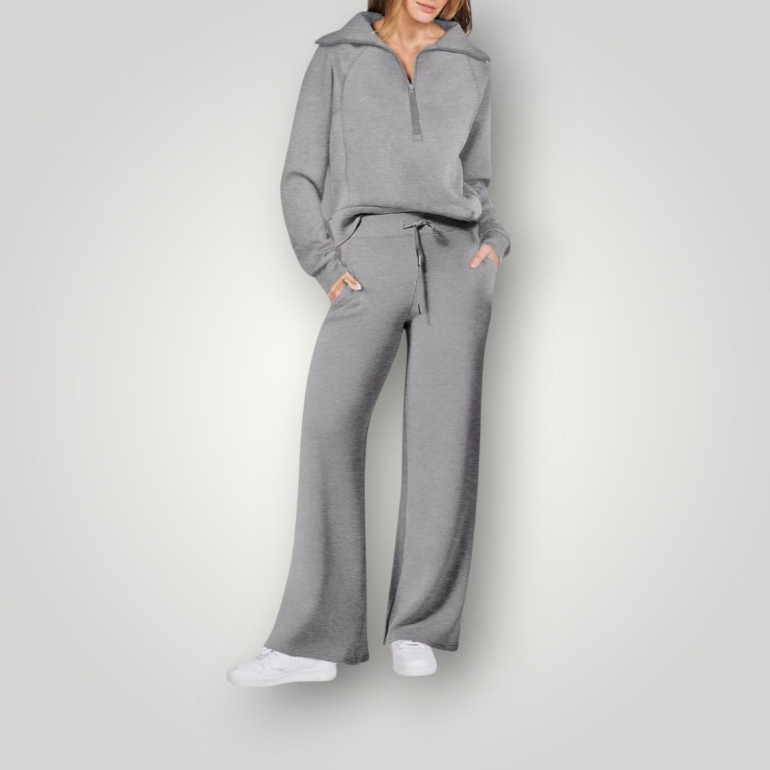 Loungewear Set | Halve rits | Wijde pijpen | Tweedelige set | Trainingspak voor dames-Hallo Susanne
