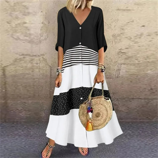Maxi Dress - Losse Gestreepte Jurk met Knoopsluiting voor Dames-Hallo Susanne