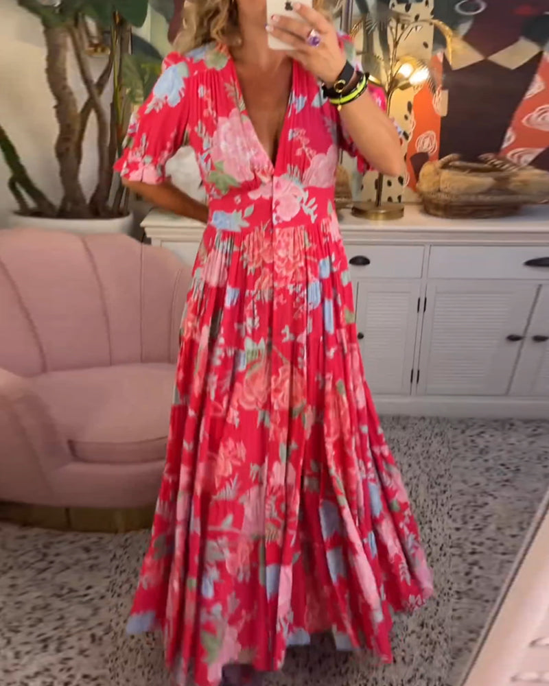 Maxi Zondagjurk - Korte Mouw - V-Hals - Bloemenjurk - Maxi Jurk-Hallo Susanne