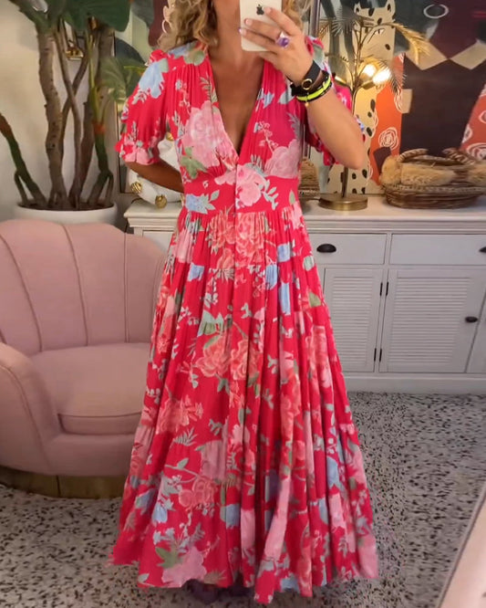 Maxi Zondagjurk - Korte Mouw - V-Hals - Bloemenjurk - Maxi Jurk-Hallo Susanne