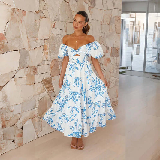 Maxi-jurk | Bloemenprint | Pofmouwen | Off-shoulder jurk | Maxi-zomerjurk-Hallo Susanne