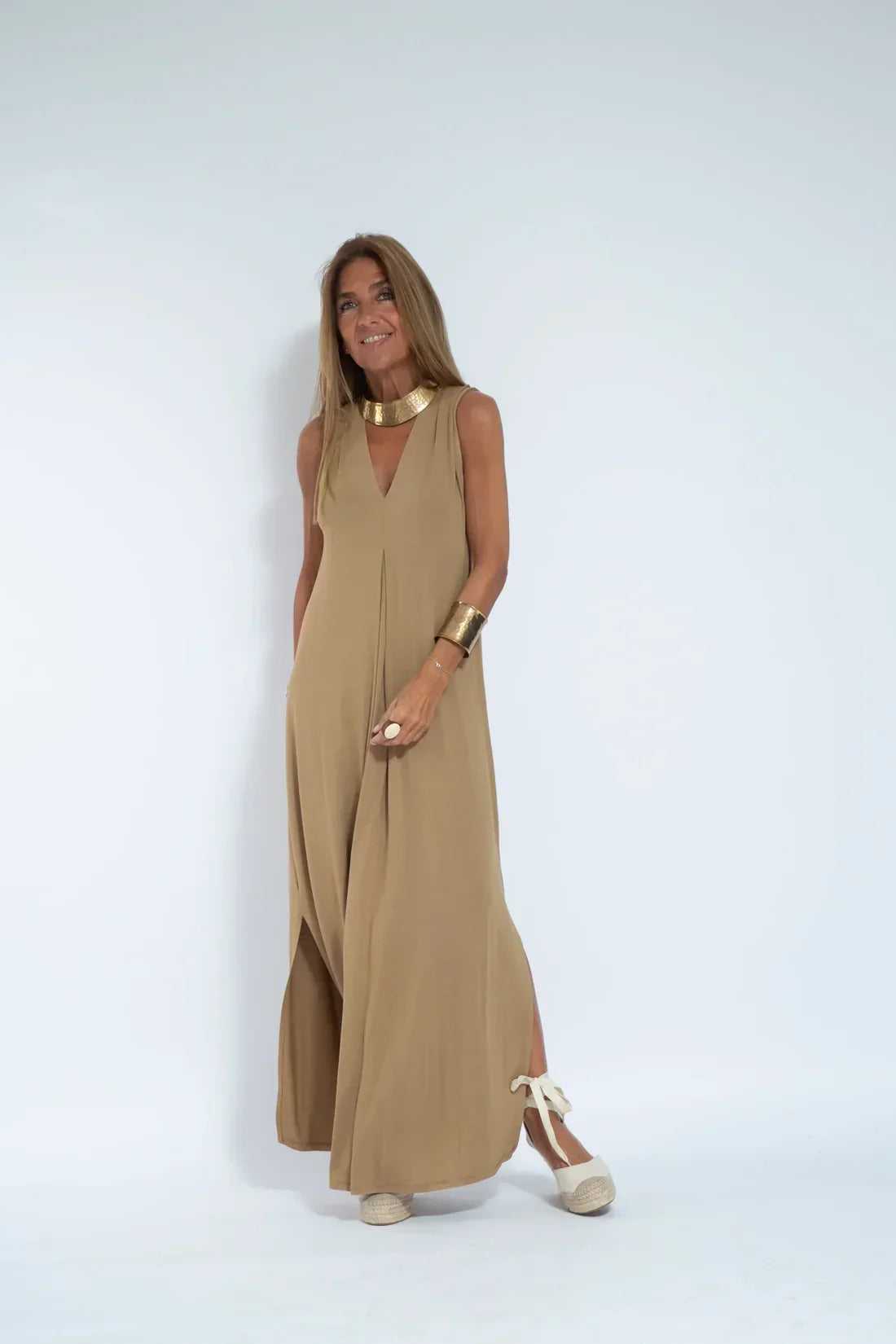 Maxi-jurk - Damesjurk met V-hals en lang vest, tweedelige set-Hallo Susanne