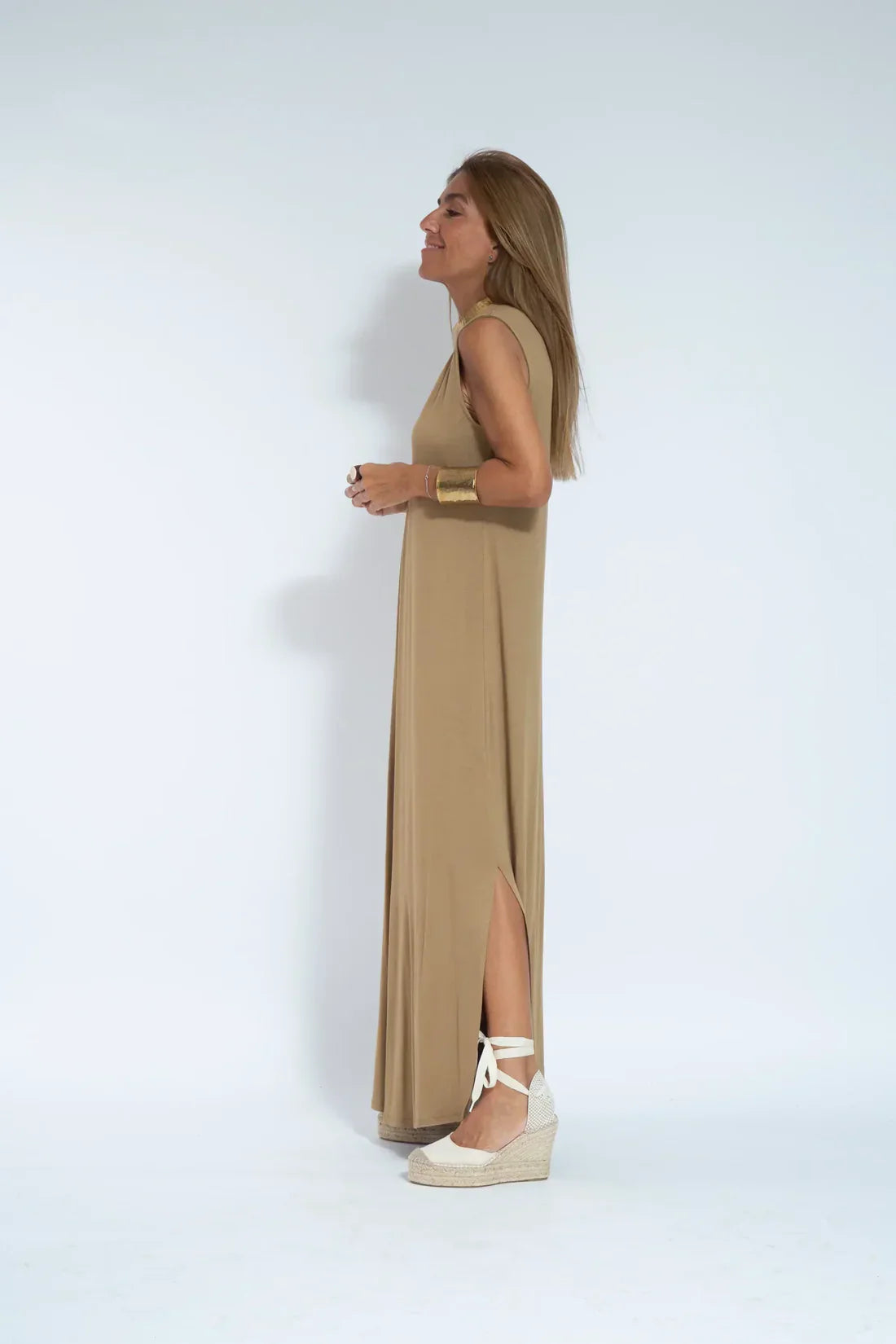 Maxi-jurk - Damesjurk met V-hals en lang vest, tweedelige set-Hallo Susanne