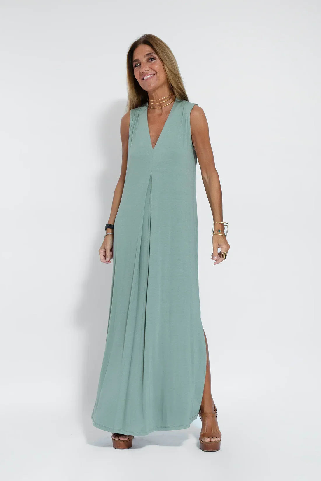 Maxi-jurk - Damesjurk met V-hals en lang vest, tweedelige set-Hallo Susanne