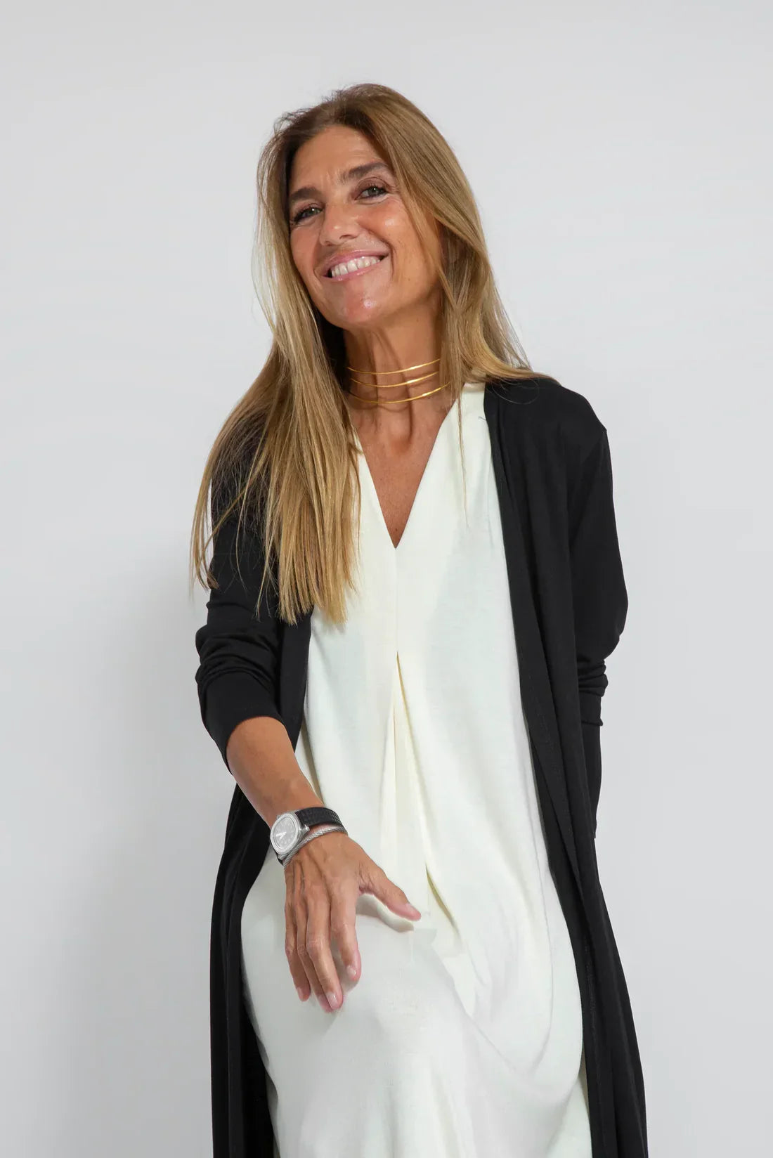 Maxi-jurk - Damesjurk met V-hals en lang vest, tweedelige set-Hallo Susanne
