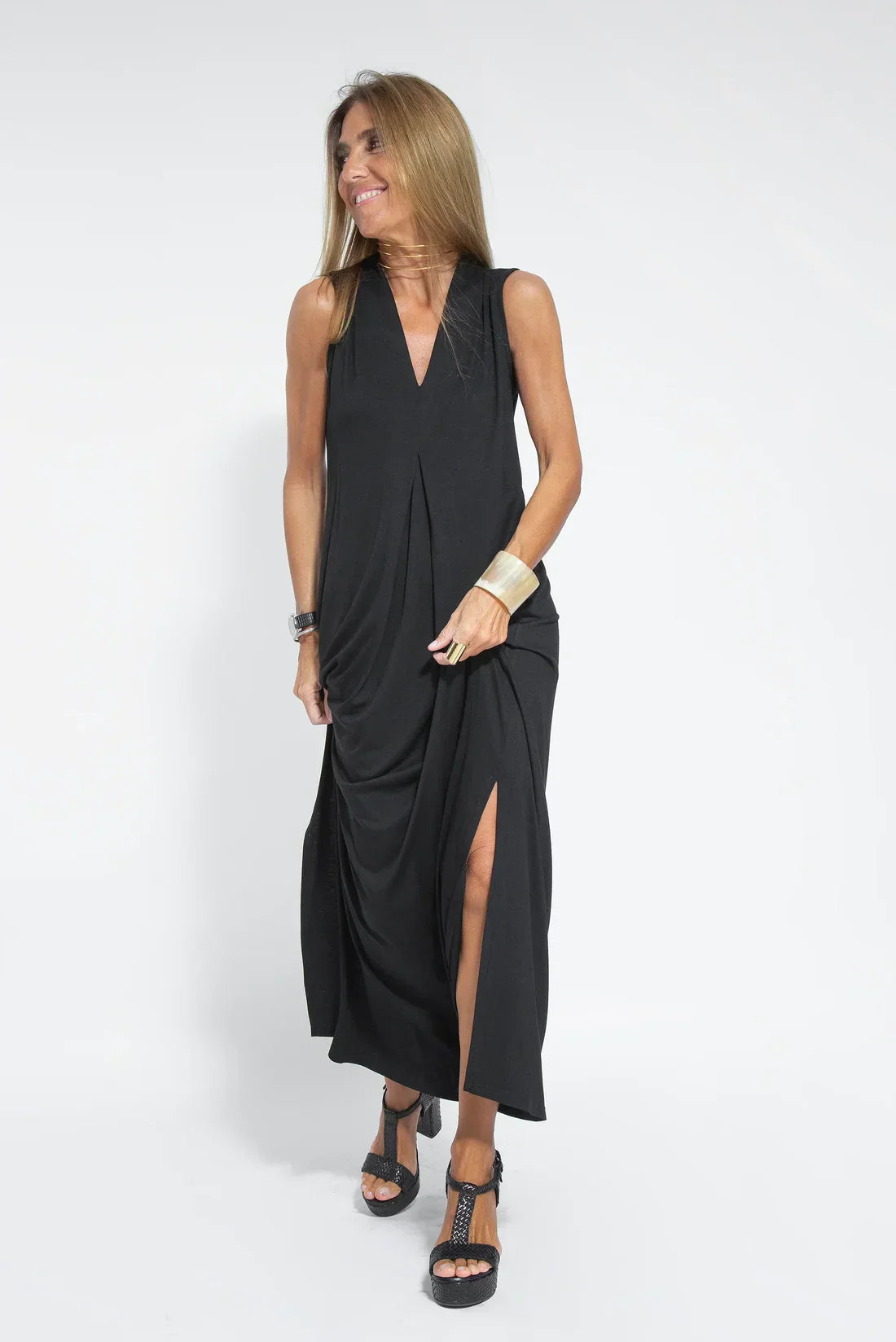 Maxi-jurk - Damesjurk met V-hals en lang vest, tweedelige set-Hallo Susanne