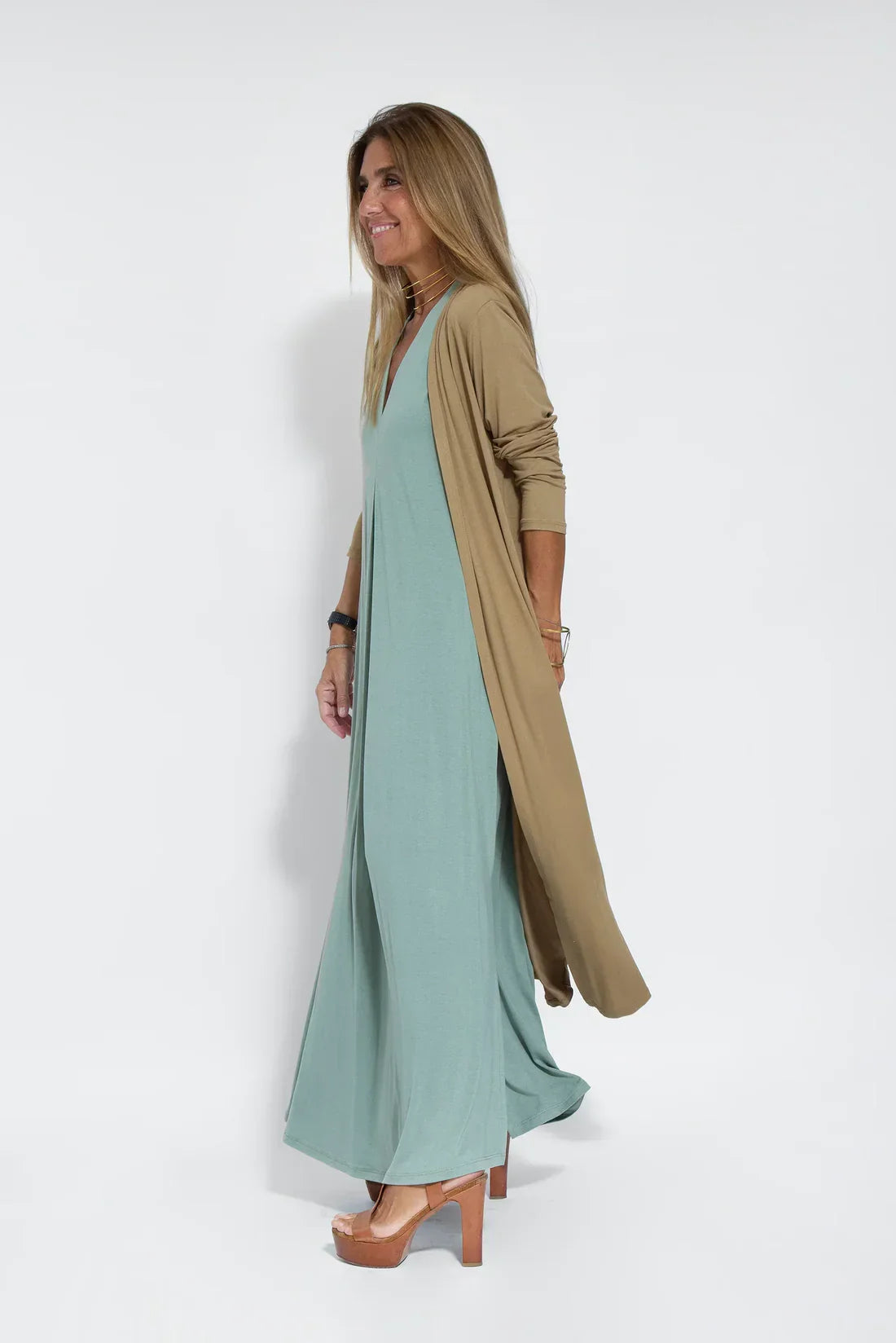 Maxi-jurk - Damesjurk met V-hals en lang vest, tweedelige set-Hallo Susanne