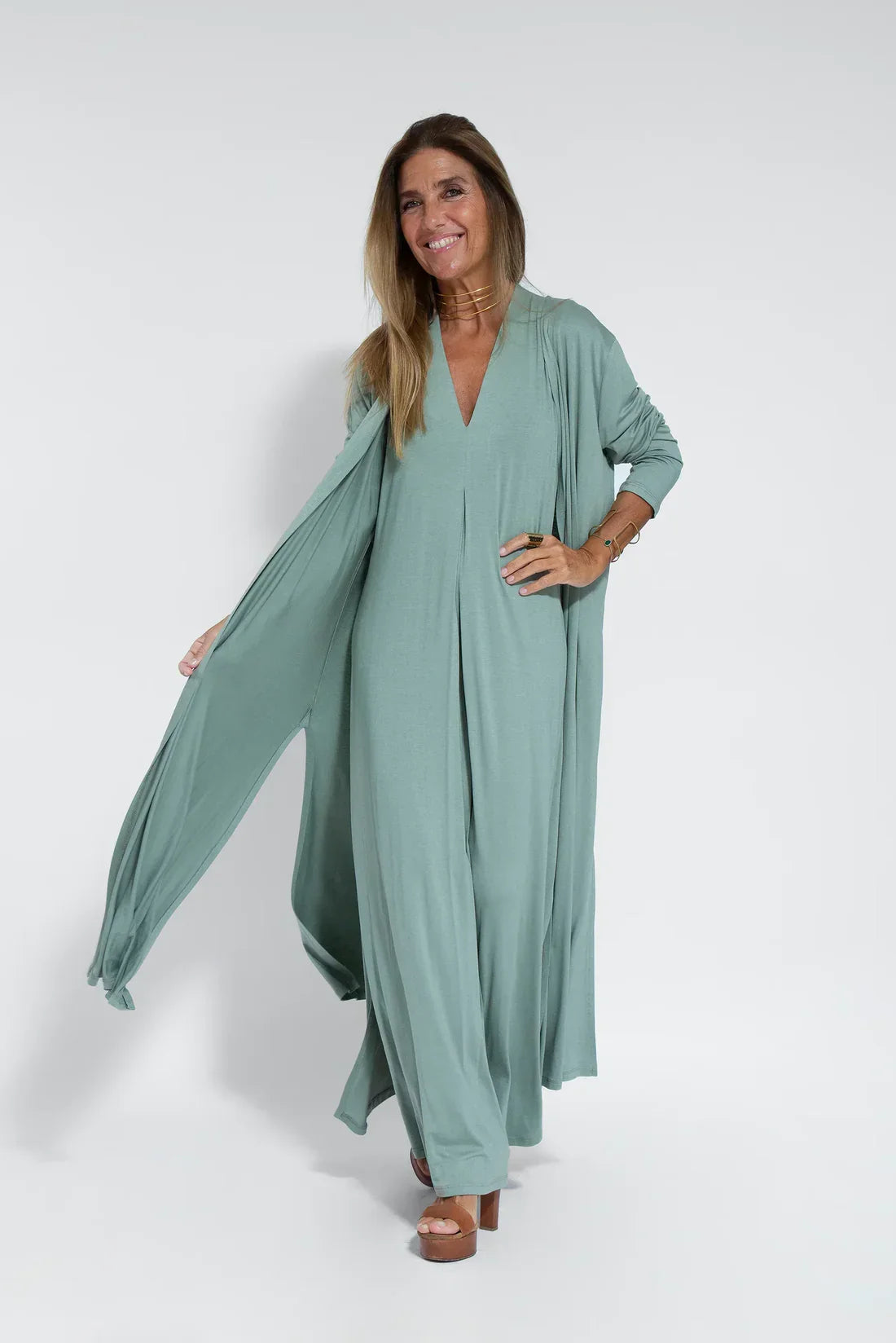 Maxi-jurk - Damesjurk met V-hals en lang vest, tweedelige set-Hallo Susanne