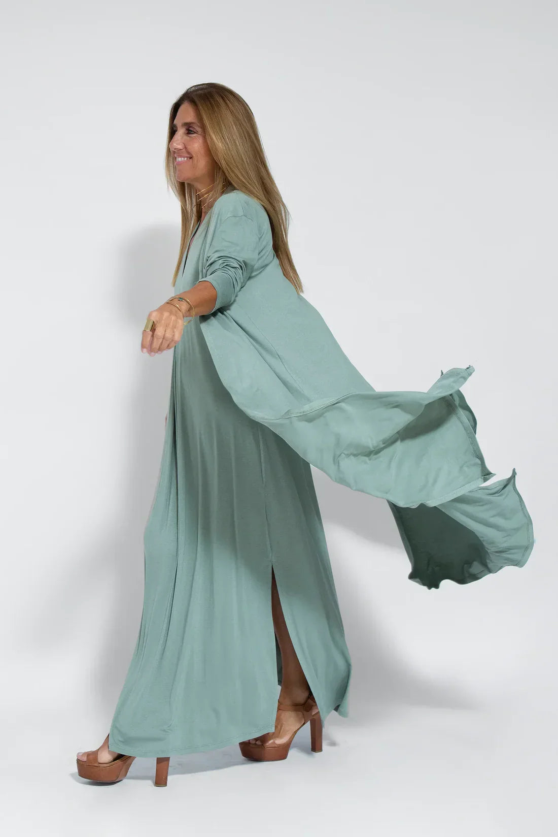 Maxi-jurk - Damesjurk met V-hals en lang vest, tweedelige set-Hallo Susanne