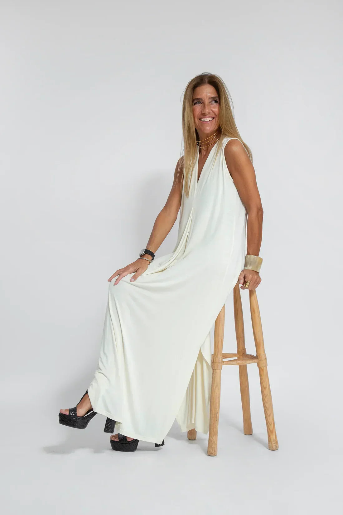 Maxi-jurk - Damesjurk met V-hals en lang vest, tweedelige set-Hallo Susanne