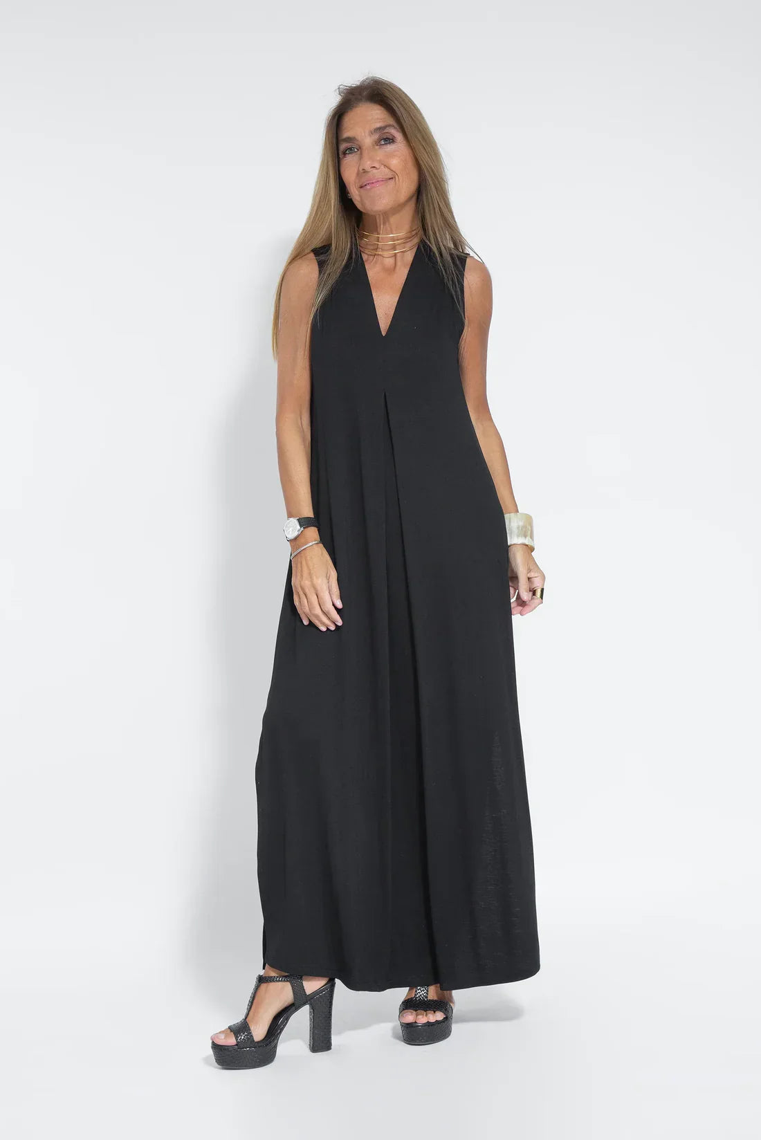 Maxi-jurk - Damesjurk met V-hals en lang vest, tweedelige set-Hallo Susanne