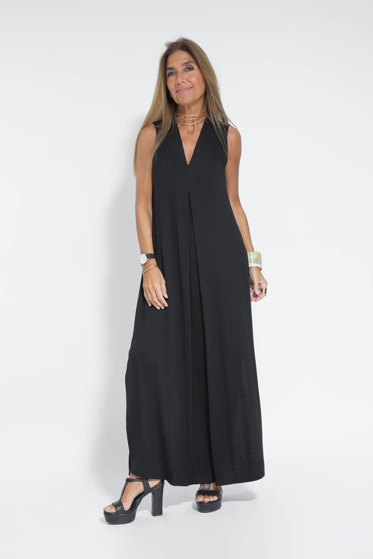 Maxi-jurk - Damesjurk met V-hals en lang vest, tweedelige set-Hallo Susanne