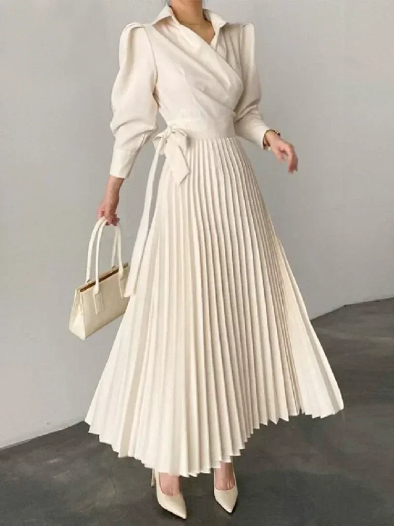 Maxi-jurk - Lange mouwen, schoudervullingen, geplooide jurk voor dames-Hallo Susanne