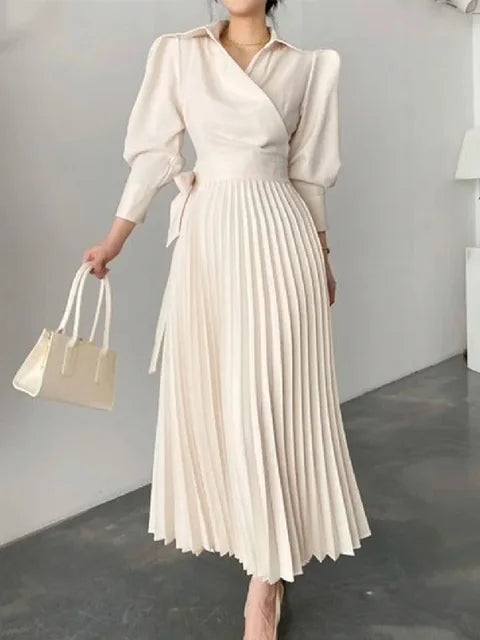Maxi-jurk - Lange mouwen, schoudervullingen, geplooide jurk voor dames-Hallo Susanne
