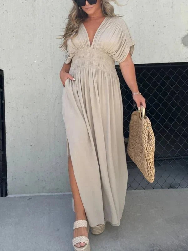 Maxi jurk - V-hals - Gerimpelde taille - Zomerjurk - Maxizonnejurk-Hallo Susanne