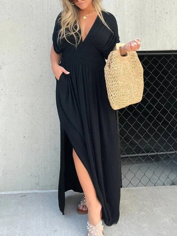 Maxi jurk - V-hals - Gerimpelde taille - Zomerjurk - Maxizonnejurk-Hallo Susanne