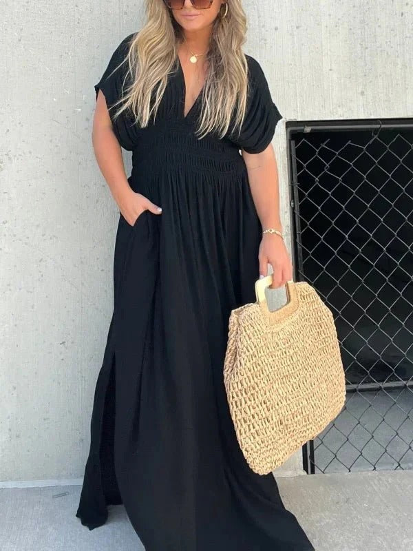 Maxi jurk - V-hals - Gerimpelde taille - Zomerjurk - Maxizonnejurk-Hallo Susanne