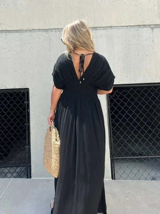 Maxi jurk - V-hals - Gerimpelde taille - Zomerjurk - Maxizonnejurk-Hallo Susanne