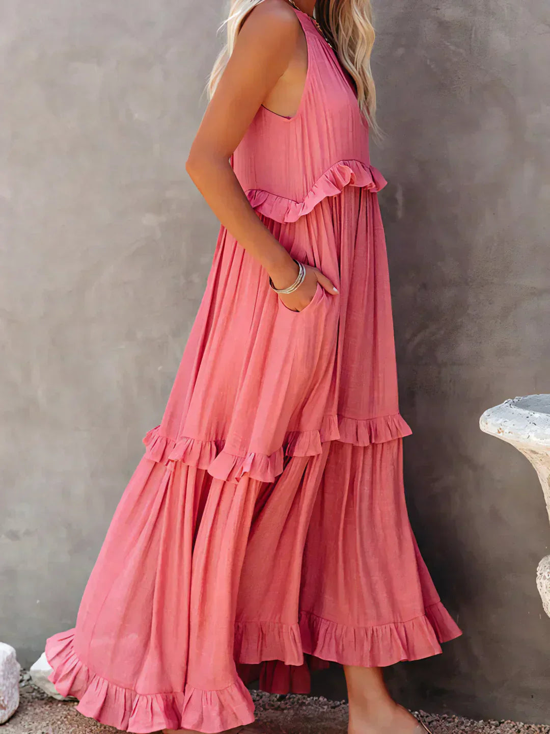 Maxi jurk met ruches | Halterhals | Mouwloos | Soepelvallende Jurk | Maxi Zondress-Hallo Susanne