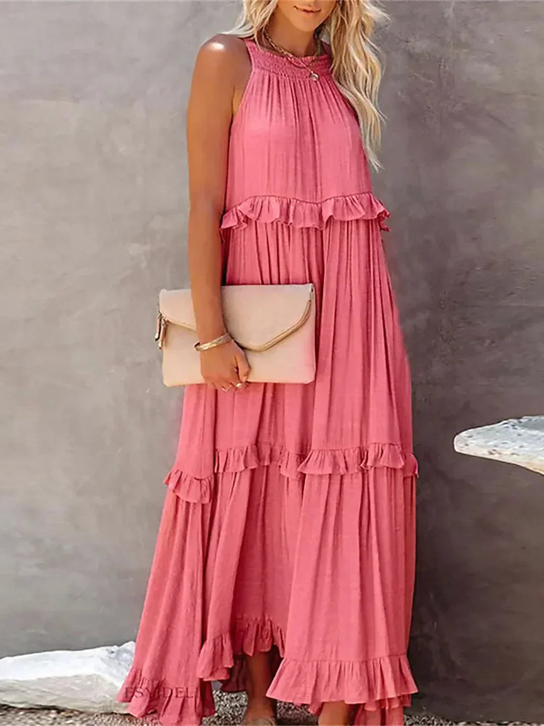 Maxi jurk met ruches | Halterhals | Mouwloos | Soepelvallende Jurk | Maxi Zondress-Hallo Susanne