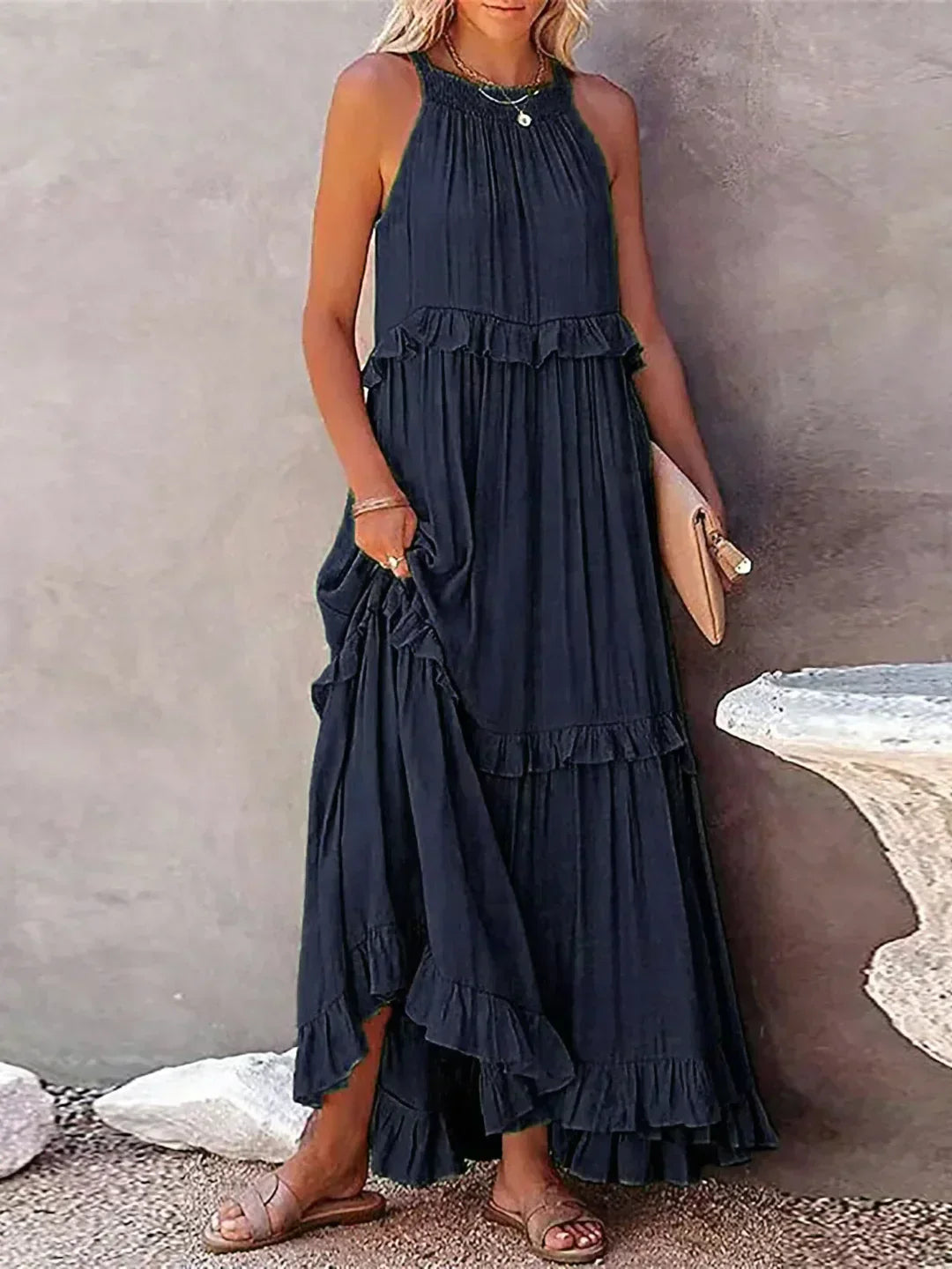 Maxi jurk met ruches | Halterhals | Mouwloos | Soepelvallende Jurk | Maxi Zondress-Hallo Susanne
