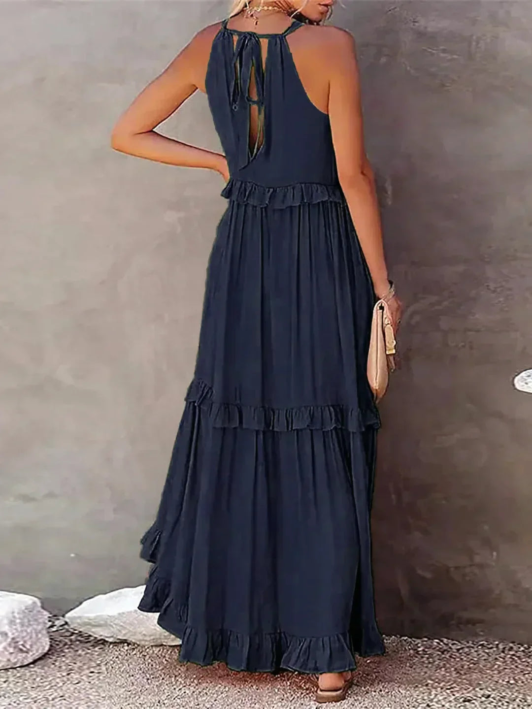 Maxi jurk met ruches | Halterhals | Mouwloos | Soepelvallende Jurk | Maxi Zondress-Hallo Susanne