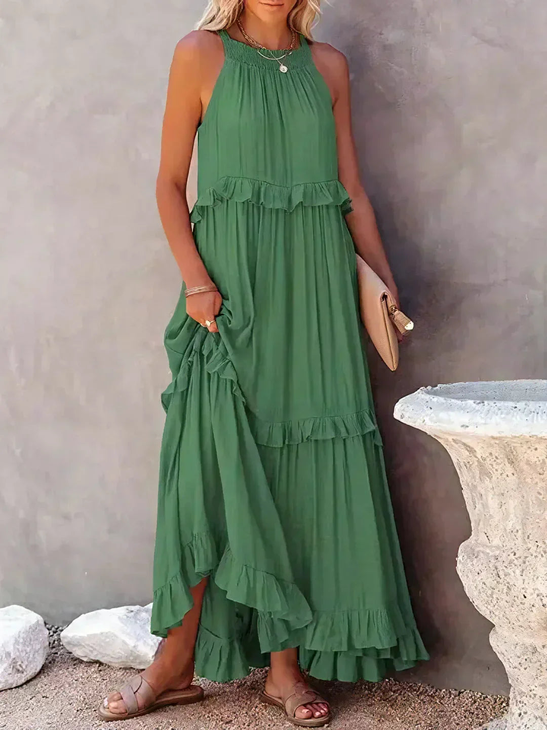 Maxi jurk met ruches | Halterhals | Mouwloos | Soepelvallende Jurk | Maxi Zondress-Hallo Susanne