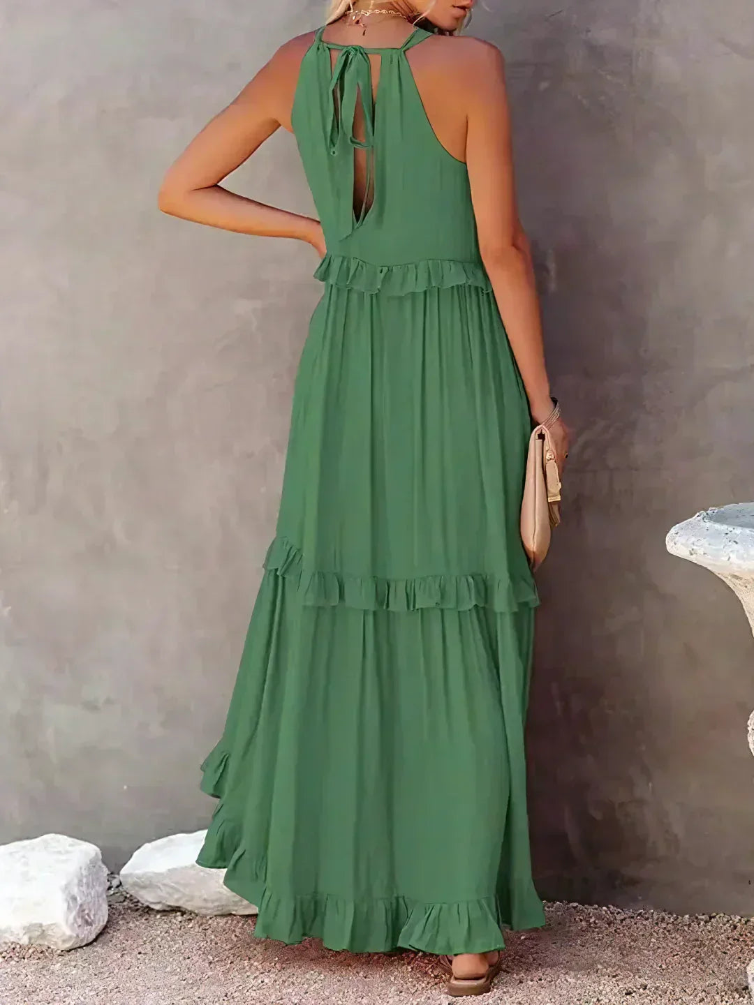 Maxi jurk met ruches | Halterhals | Mouwloos | Soepelvallende Jurk | Maxi Zondress-Hallo Susanne