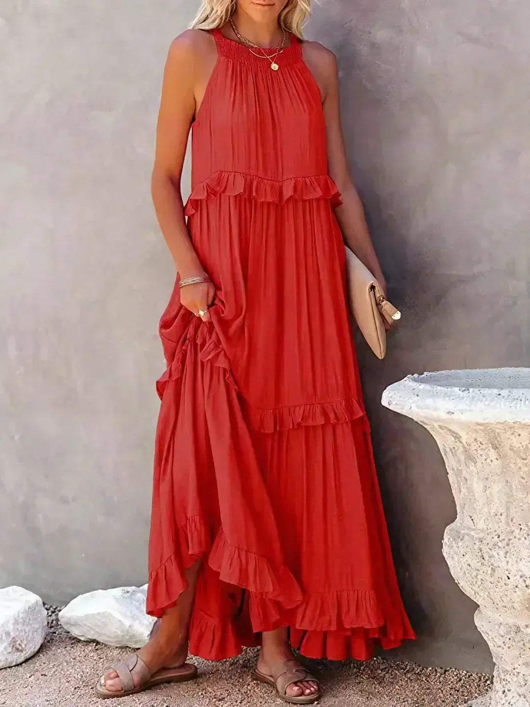 Maxi jurk met ruches | Halterhals | Mouwloos | Soepelvallende Jurk | Maxi Zondress-Hallo Susanne