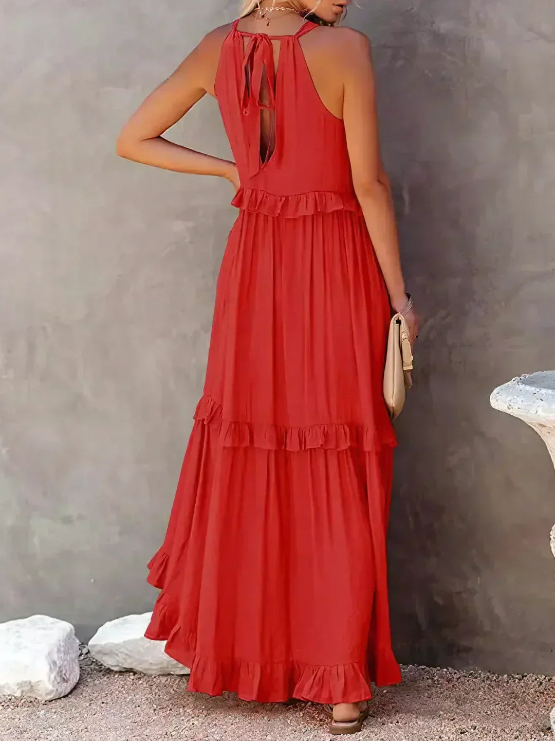 Maxi jurk met ruches | Halterhals | Mouwloos | Soepelvallende Jurk | Maxi Zondress-Hallo Susanne