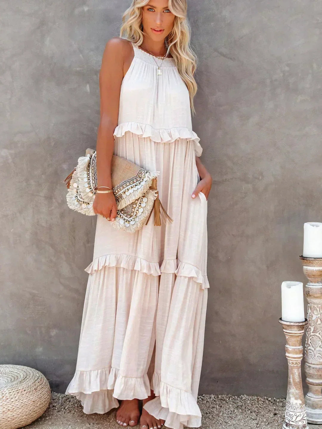 Maxi jurk met ruches | Halterhals | Mouwloos | Soepelvallende Jurk | Maxi Zondress-Hallo Susanne