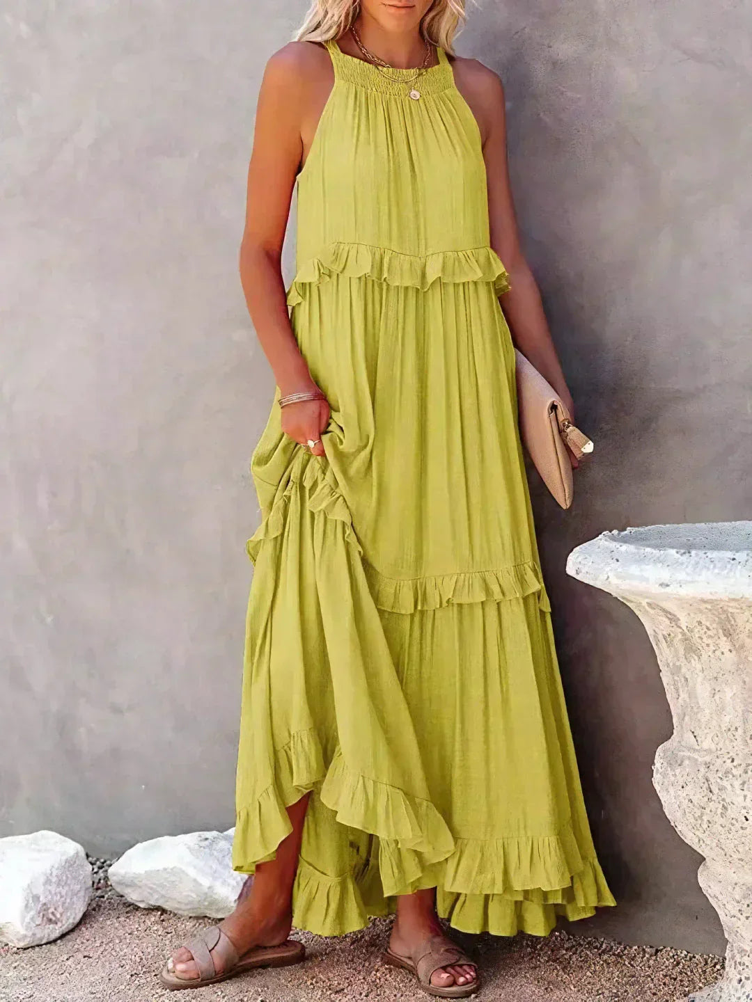 Maxi jurk met ruches | Halterhals | Mouwloos | Soepelvallende Jurk | Maxi Zondress-Hallo Susanne