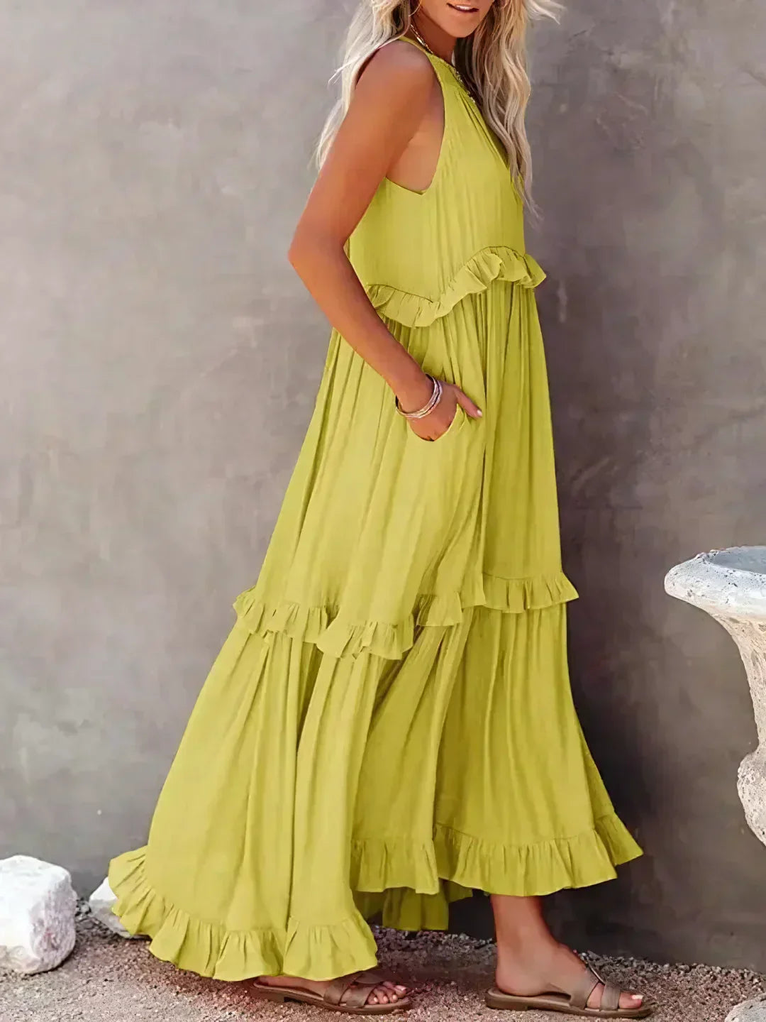 Maxi jurk met ruches | Halterhals | Mouwloos | Soepelvallende Jurk | Maxi Zondress-Hallo Susanne
