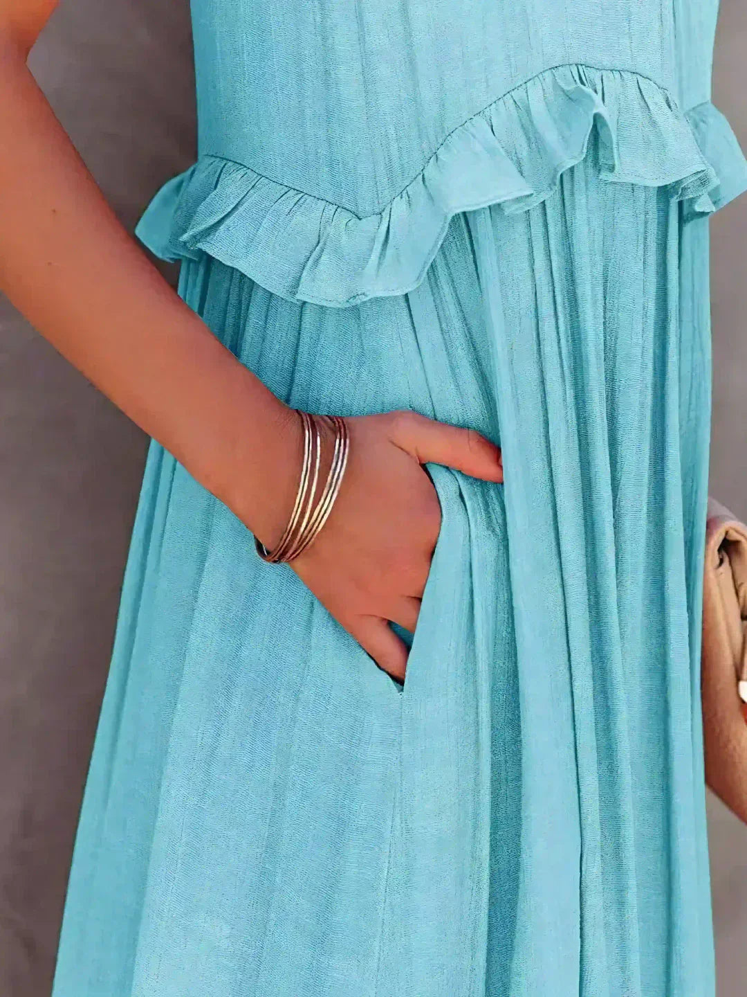 Maxi jurk met ruches | Halterhals | Mouwloos | Soepelvallende Jurk | Maxi Zondress-Hallo Susanne