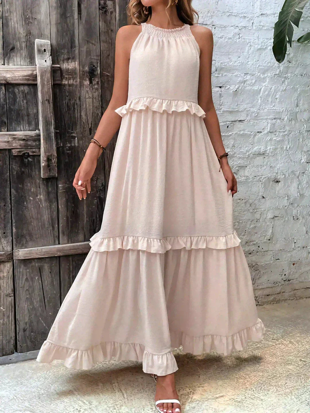 Maxi jurk met ruches | Halterhals | Mouwloos | Soepelvallende Jurk | Maxi Zondress-Hallo Susanne