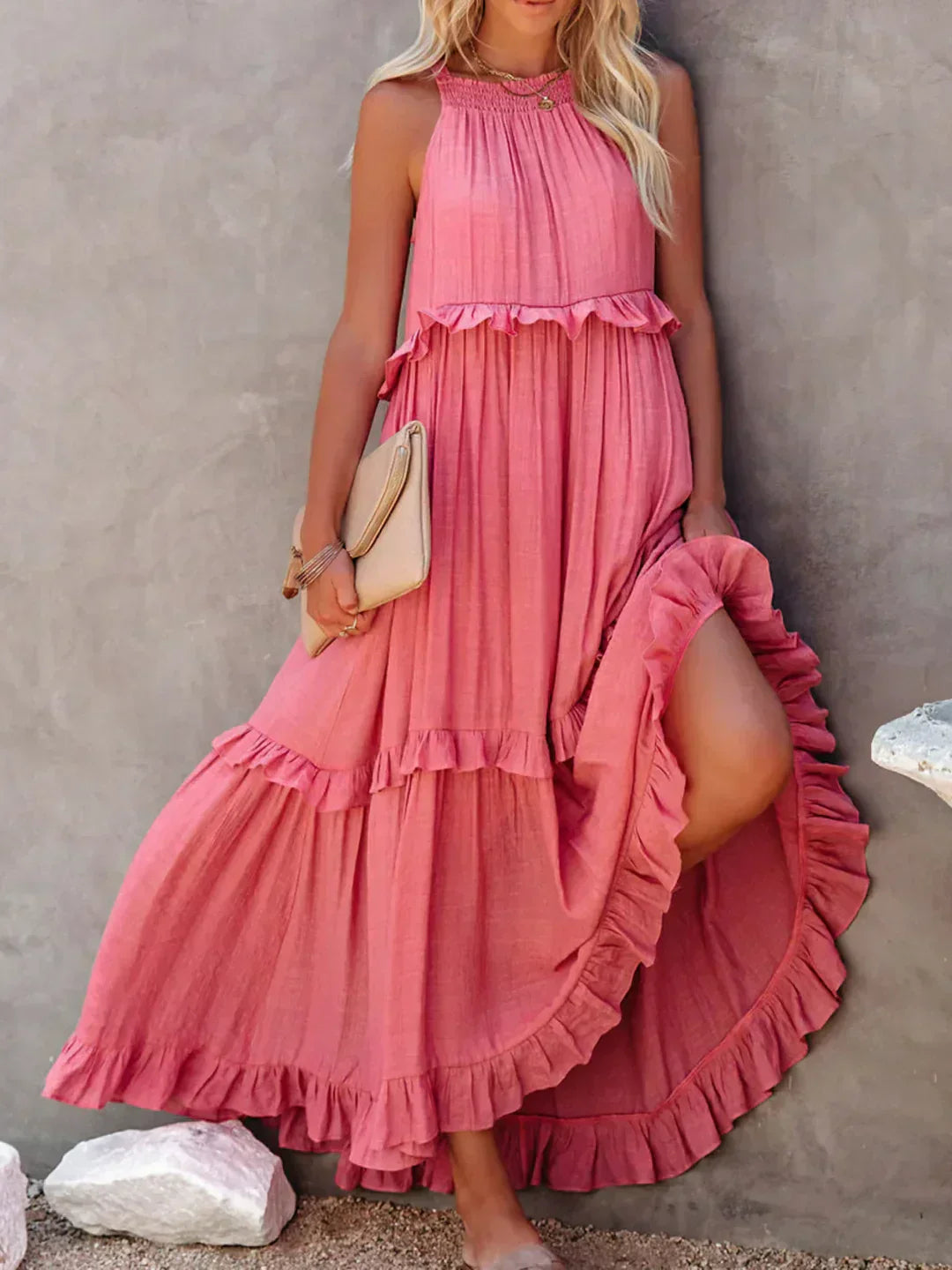 Maxi jurk met ruches | Halterhals | Mouwloos | Soepelvallende Jurk | Maxi Zondress-Hallo Susanne