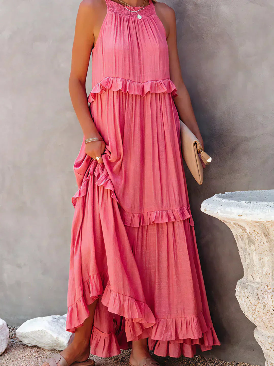 Maxi jurk met ruches | Halterhals | Mouwloos | Soepelvallende Jurk | Maxi Zondress-Hallo Susanne