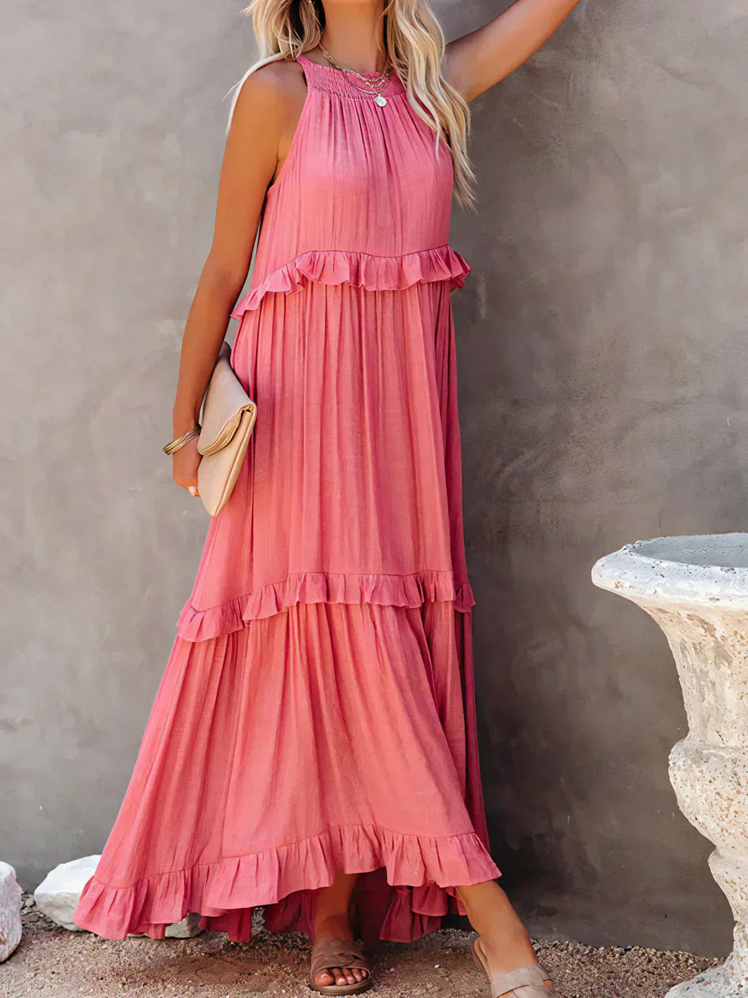 Maxi jurk met ruches | Halterhals | Mouwloos | Soepelvallende Jurk | Maxi Zondress-Hallo Susanne
