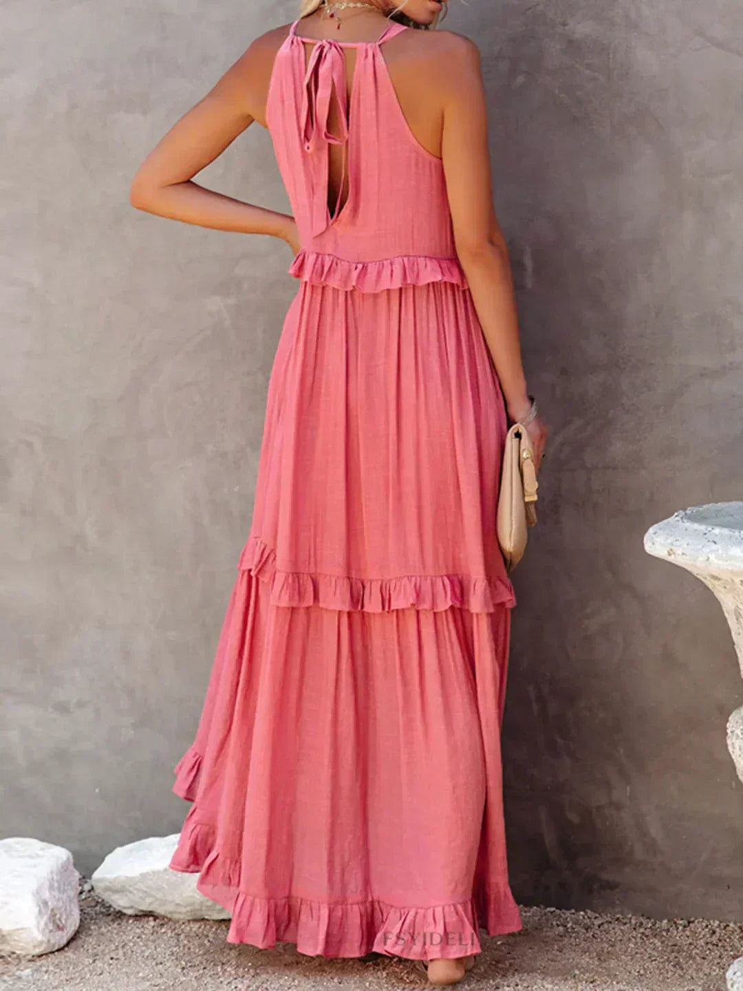 Maxi jurk met ruches | Halterhals | Mouwloos | Soepelvallende Jurk | Maxi Zondress-Hallo Susanne