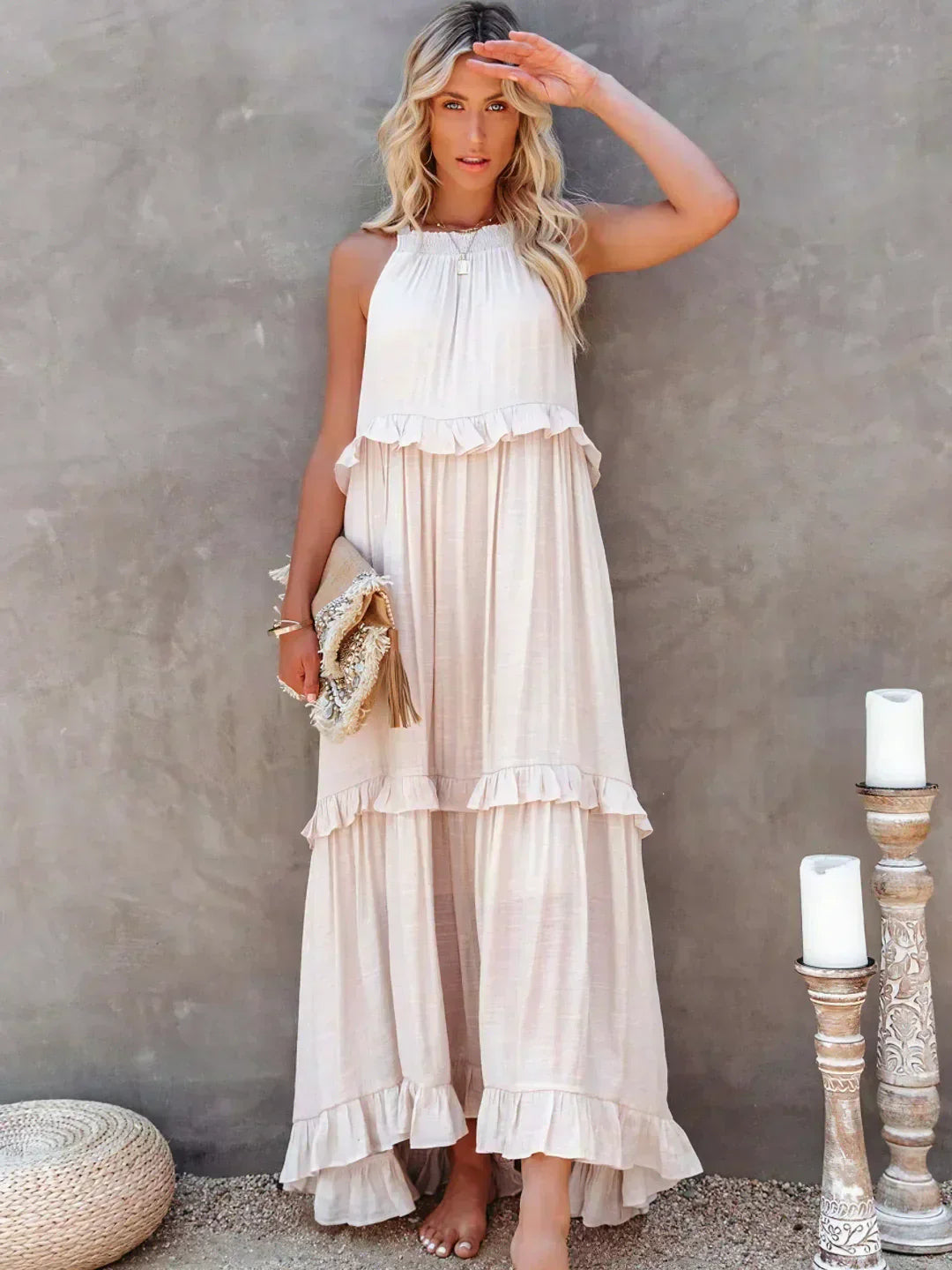 Maxi jurk met ruches | Halterhals | Mouwloos | Soepelvallende Jurk | Maxi Zondress-Hallo Susanne