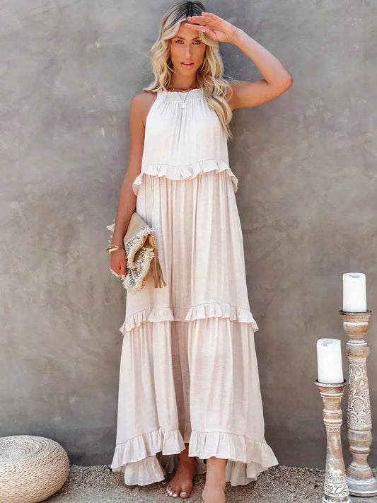 Maxi jurk met ruches | Halterhals | Mouwloos | Soepelvallende Jurk | Maxi Zondress-Hallo Susanne
