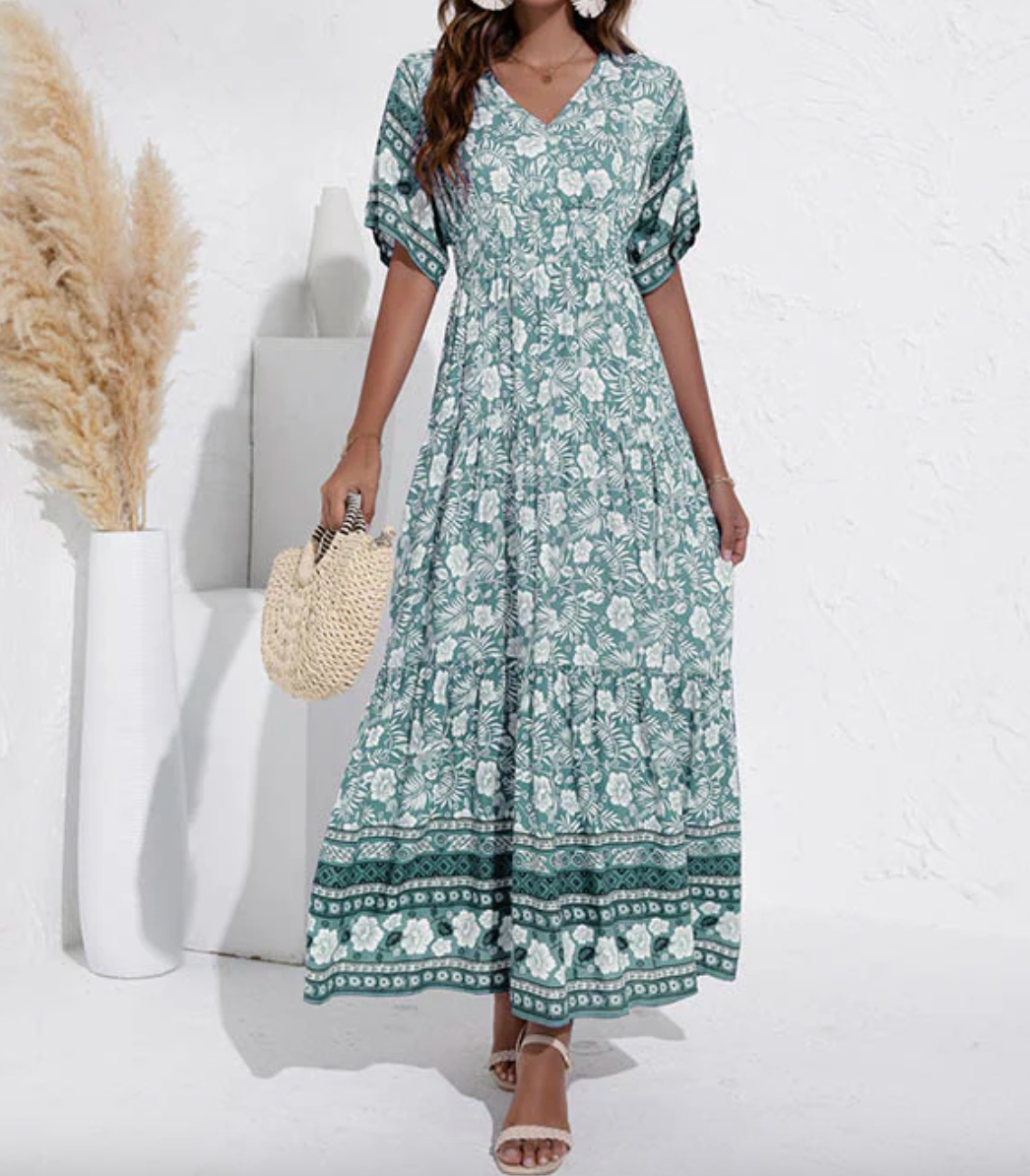 Maxi-zomerjurk - Boho-zomerjurk met korte mouwen en bloemenprint voor dames-Hallo Susanne