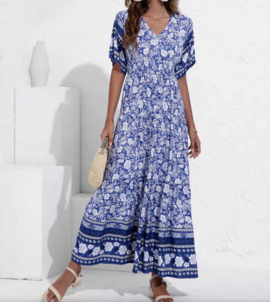 Maxi-zomerjurk - Boho-zomerjurk met korte mouwen en bloemenprint voor dames-Hallo Susanne